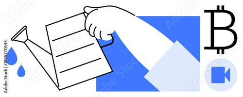 Cryptocurrency, blockchain, fintech, digital investment, online financial growth, video content. A hand pouring water on paper, Bitcoin symbol next to video icon. Cryptocurrency and blockchain
