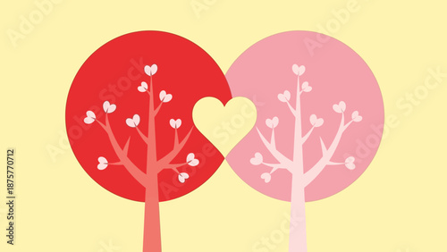 Celebrate heartfelt valentine love and enduring romance with this beautiful graphic illustration, depicting two colorful trees intertwined to create a central symbol of affection and unity