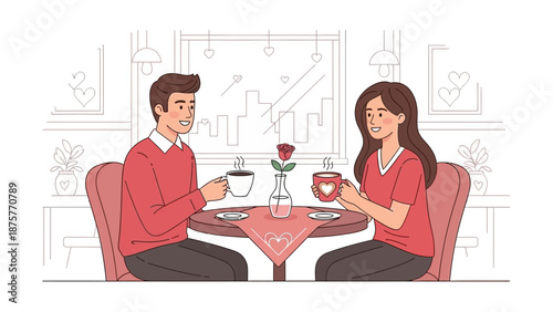 A heartwarming Valentine's Day coffee date, celebrating profound love and romance between a happy couple in a charming restaurant setting, fostering sweet connection