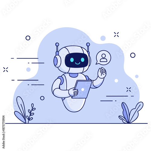 Friendly robot hovering with tablet in futuristic illustration