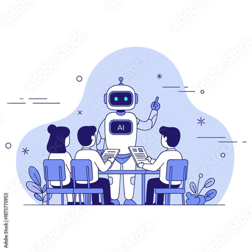 Ai robot teaching asian children in classroom setting with tablets