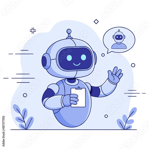 Cute cartoon robot waving and holding clipboard in blue tones
