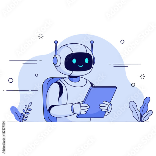 Friendly robot with tablet in futuristic setting