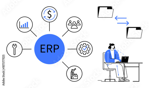 ERP system concept. ERP streamlines workflows, improves efficiency, and supports data management. ERP integrates key business operations. For IT, business solutions, management, analytics automation