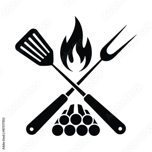 black silhouette icon of barbecue tools and fire