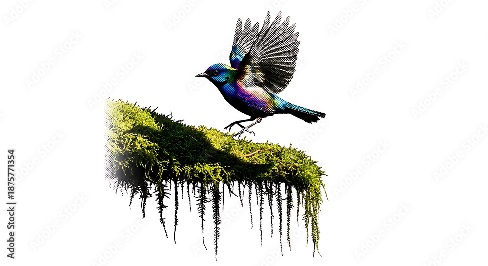 Fototapeta premium Iridescent tropical bird landing on vibrant green mossy jungle vegetation cutout