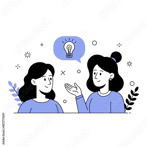 Two young caucasian female adults sharing an idea with light bulb symbol in minimalist style