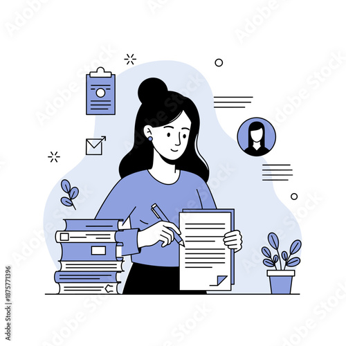 Asian female adult working on documents at desk with books and plants