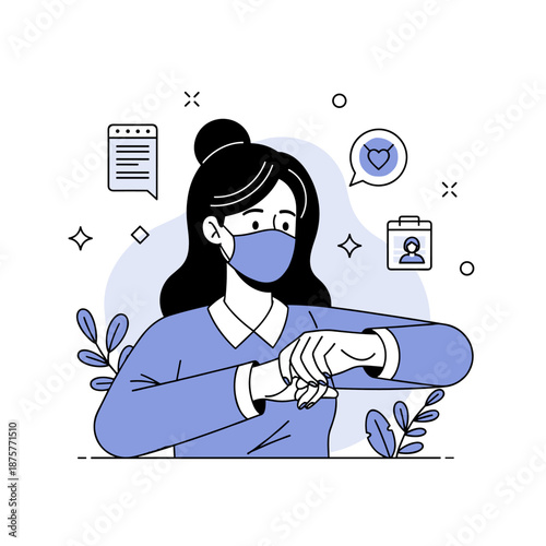 Asian female wearing mask checking watch in modern illustrated style