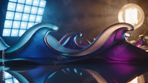 Abstract Glass Wave Sculptures Reflecting Under Studio Lights