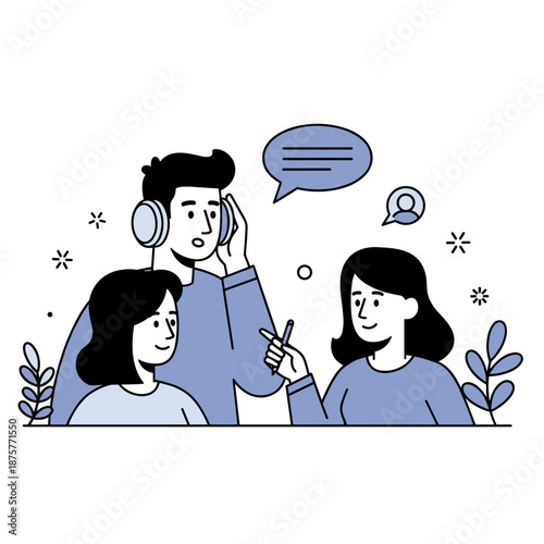 Animated caucasian young adults engaging in conversation with speech bubbles