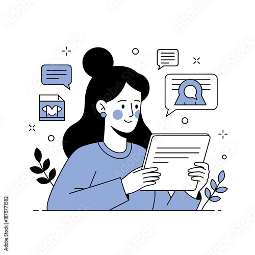 Young caucasian female reading digital tablet with communication icons in blue and white design