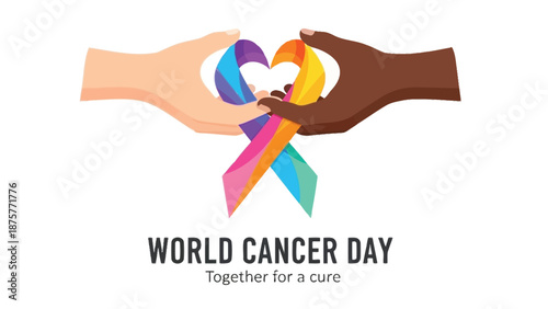 Diverse hands holding colorful cancer awareness ribbon on world cancer day