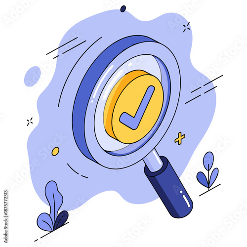 Magnifying glass with checkmark icon on abstract blue background
