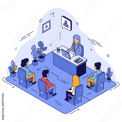 Business meeting with four diverse adults and one caucasian male boss in an office