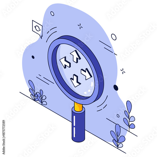 Isometric magnifying glass with arrows and abstract shapes