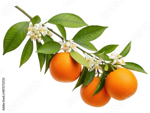 Oranges and blossoms on branch isolated on transparent background