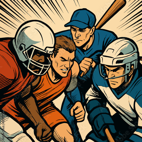 Dynamic sports clash featuring football, baseball, hockey, and basketball players in vintage comic style