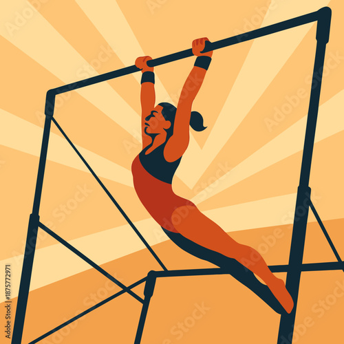 Dynamic gymnast on bars in vibrant retro style with sunburst background