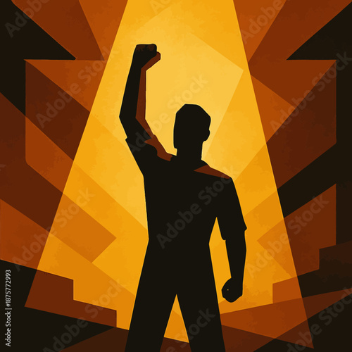 Bold silhouette of triumphant figure with geometric background in warm tones