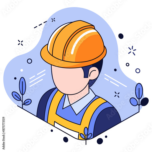 Illustration of male construction worker with hard hat and safety vest