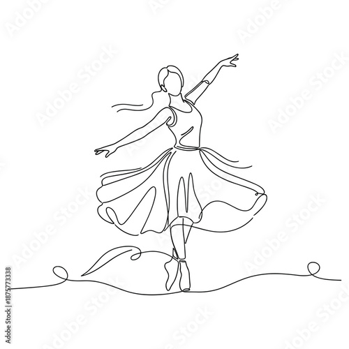 Elegant female ballet dancer in continuous line art illustration. No editable strokes
