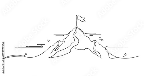 Minimalist line drawing of a mountain range with a flag on the peak. No editable strokes