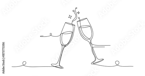 Elegant minimalist line art of two celebratory clinking champagne glasses. No editable strokes