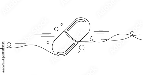 Abstract line art of a capsule with curved lines and circles. No editable strokes