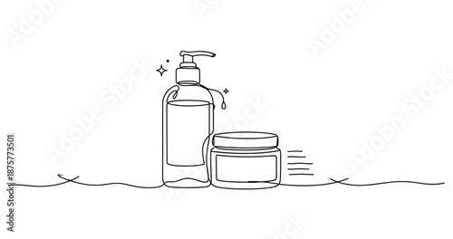 Minimalistic line art of skincare bottles with pump and jar. No editable strokes