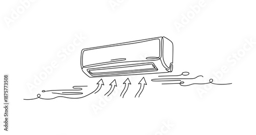 Black and white line drawing of wall-mounted air conditioner with airflow arrows. No editable strokes