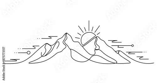 Minimalist line art of mountain range with rising sun. No editable strokes