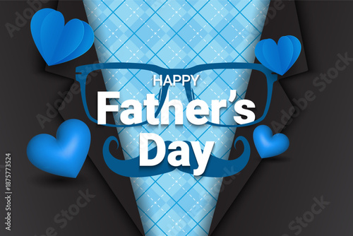 Happy Father's Day greeting card, banner, poster or flyer design with flying origami hearts over clouds with air balloons, paper mustache, glasses and bow tie. Paper art, digital craft style