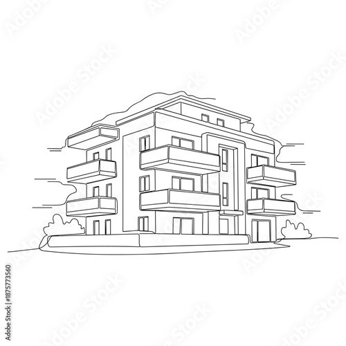 Contemporary urban apartment building line art with balconies and windows, no editable stroke