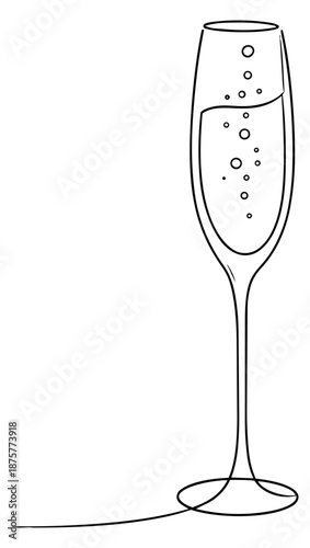 Hand drawn line art illustration of a champagne flute depicting sparkling wine bubbles for celebrations and toasts