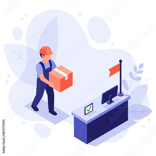 Male worker delivering package to office desk in isometric illustration