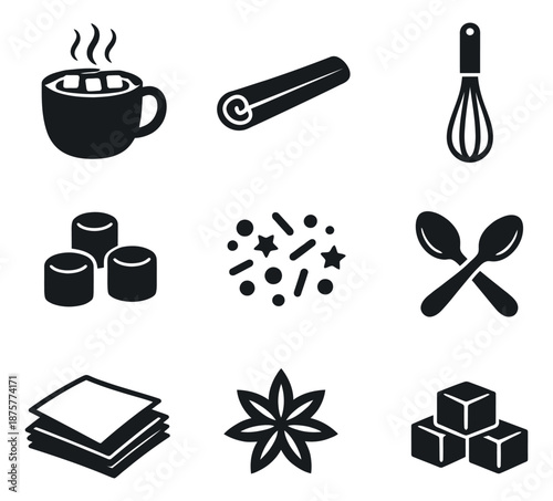 Glyph food and drink icons set featuring hot cocoa, marshmallows, spices, and kitchen tools for recipes
