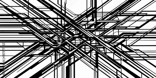 A black and white abstract background of an urban city building featuring a glass and steel window pattern with an industrial power pylon perspective
