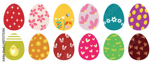Colorful vector illustration of twelve decorated Easter eggs featuring modern spring patterns, flowers, hearts, and a cute chick design, isolated for joyful holiday celebration.
