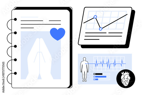 Open notebook with prayer hands and heart icon, graph with trendline, human health data visual, and heart illustration. Ideal for healthcare, wellness, fitness, health tracking, medical record