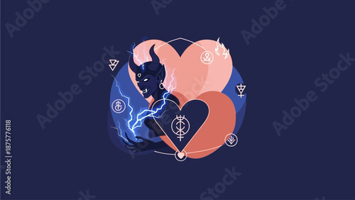 Mythical creature embracing heart with symbolic lightning and astrological signs