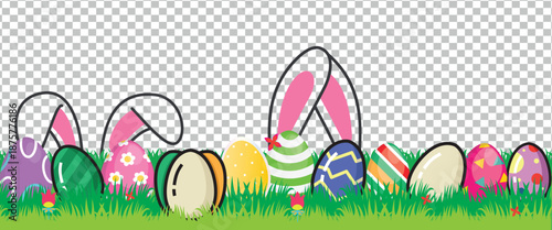 Playful Springtime Easter Eggs and Happy Pink Bunny Ears Peeking Out of Vibrant Green Grass Border Decoration Banner Vector Art.