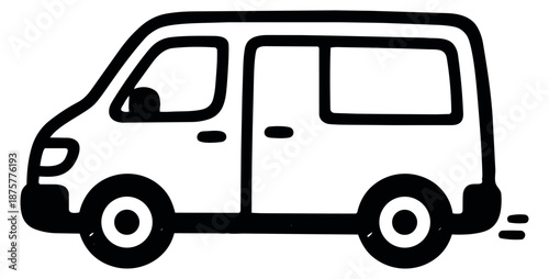 Hand drawn line art illustration of a delivery van depicting movement for transportation services