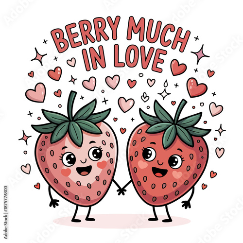 Two  strawberries with smiling faces stand side by side, surrounded by hearts.