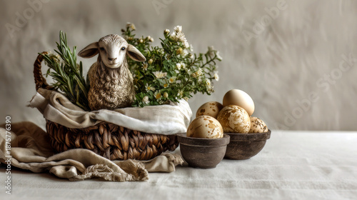 Wielkanocny koszyk z barankiem, jajkami i kwiatami