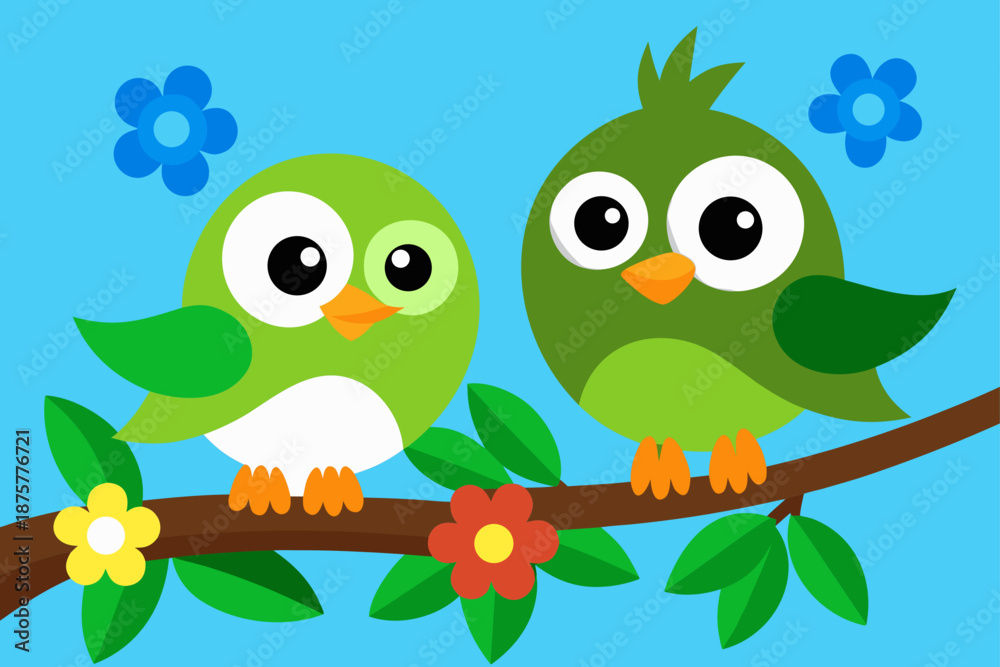 Fototapeta premium Two Cartoon Birds One Green and One Brown Perch
