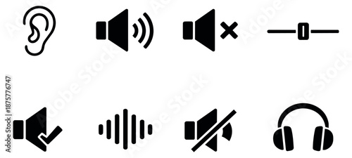 Modern icon set featuring an ear, speaker, volume controls, and headphones for digital user interfaces