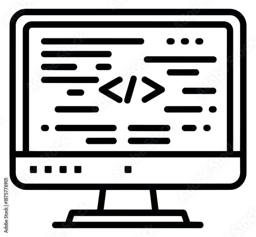 Line art illustration of a computer screen depicting coding tags for web development and programming