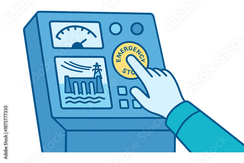 Hand pressing emergency stop button on control panel