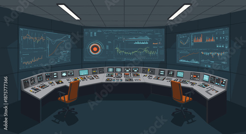 Modern control room with digital screens and data visualization